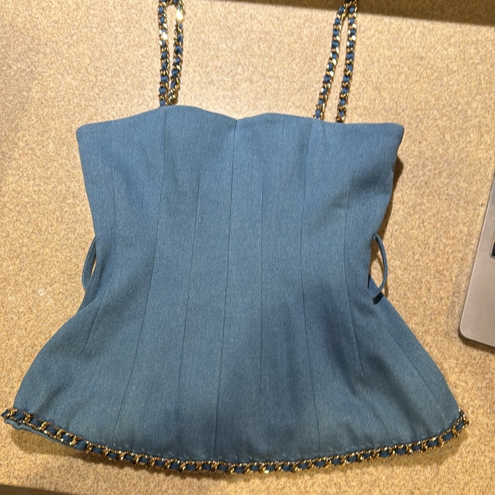 Deity New York  premium denim blue corset with gold chain accent Designer